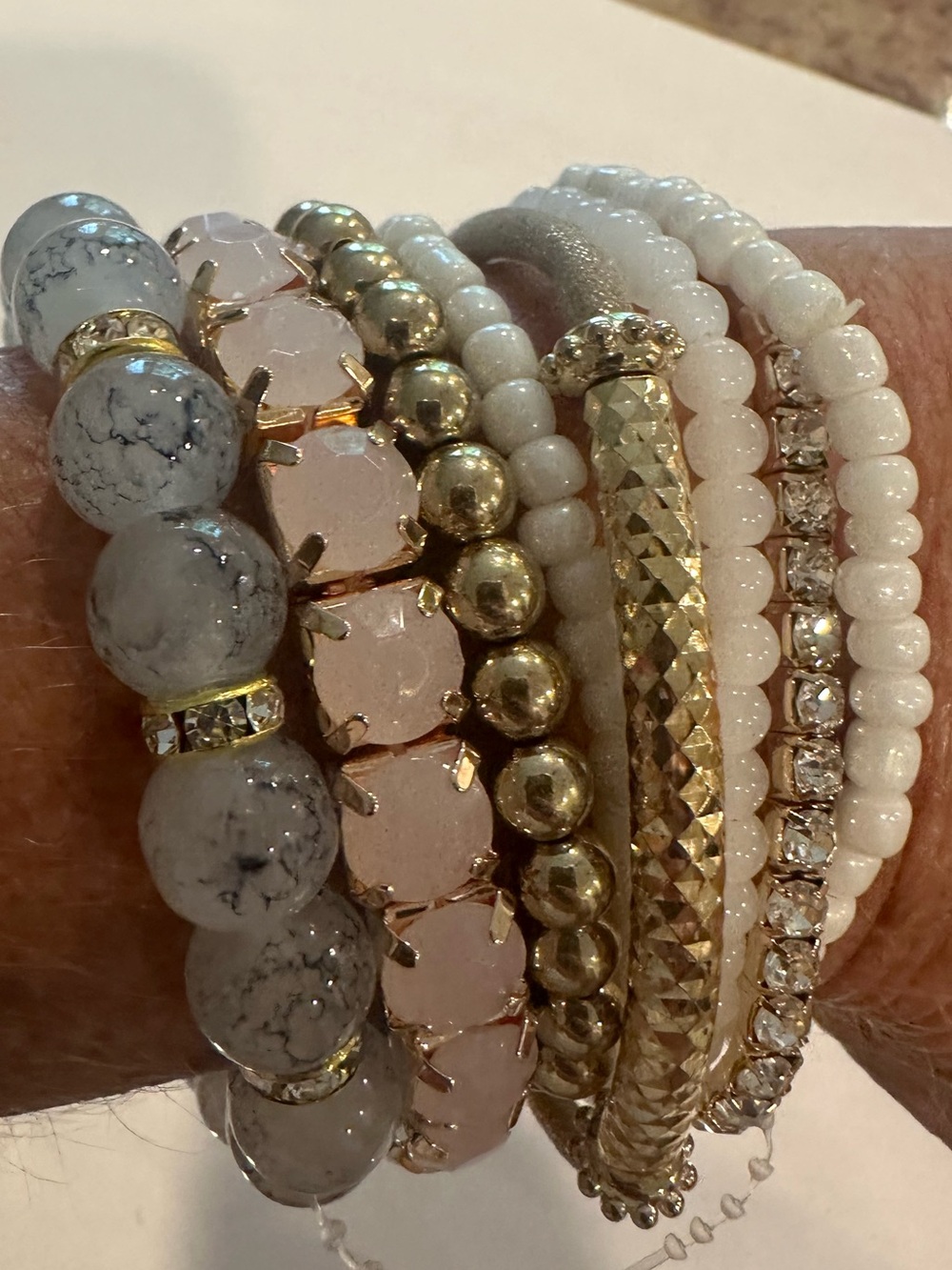 NEW Pink/White/Gold Beaded Bracelet Stack (8)